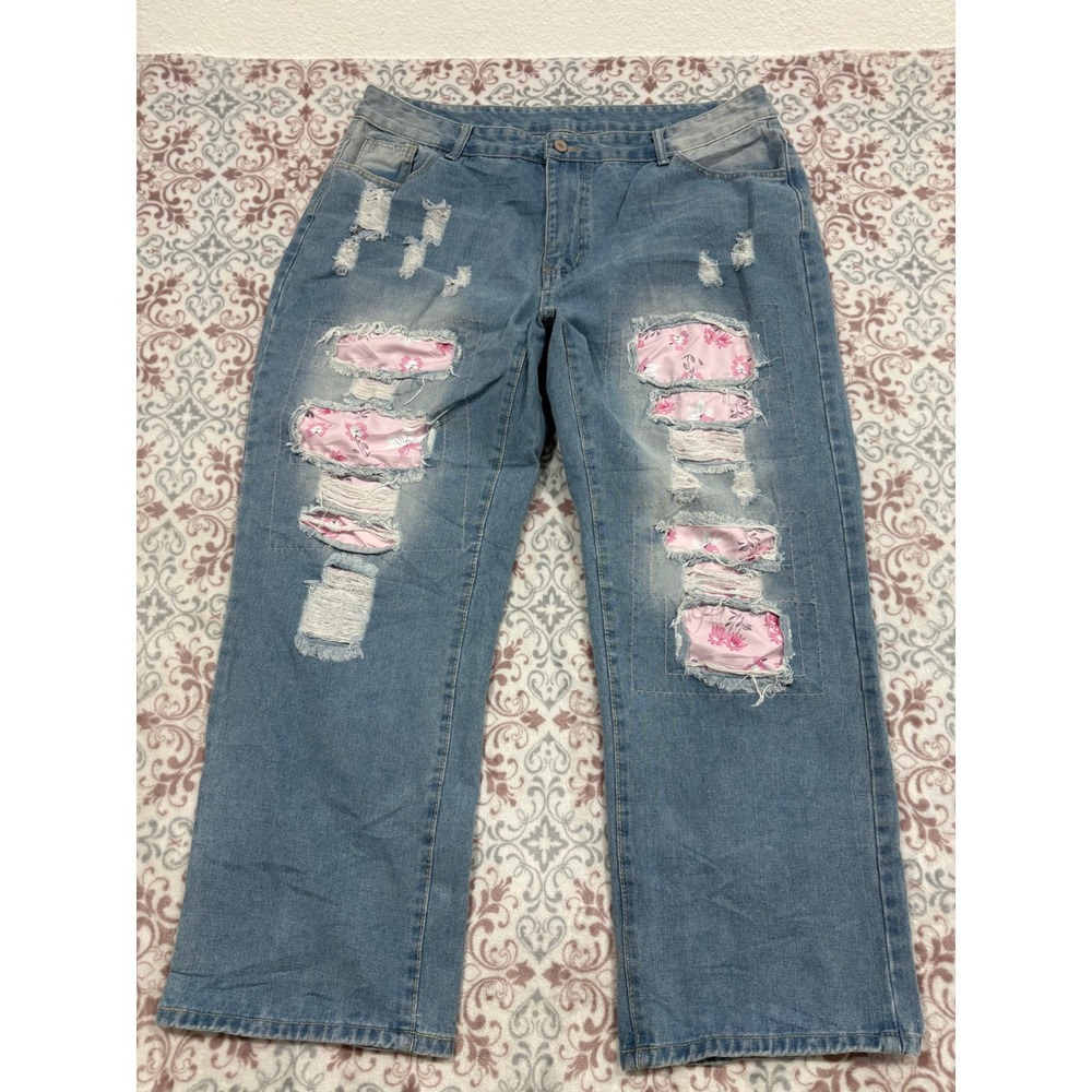 Floral Patch Distressed Wide Leg Jeans Light Wash Ripped Denim Plus Size 1XL